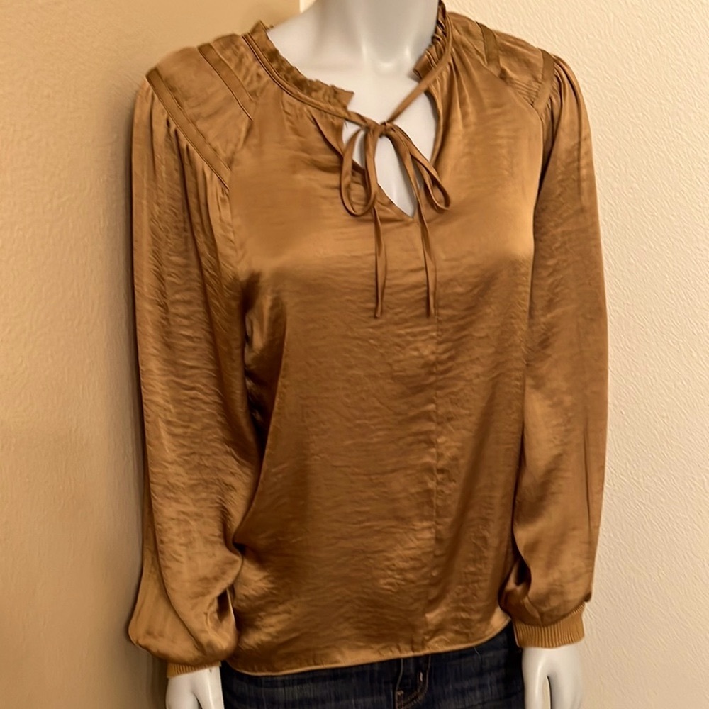 Philosophy Metallic Gold Ruched Bow Tie Neck Blouse